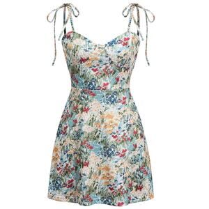 Micas Adorable Floral Print Mini Dress Adjustable Straps Boho Casual Medium
